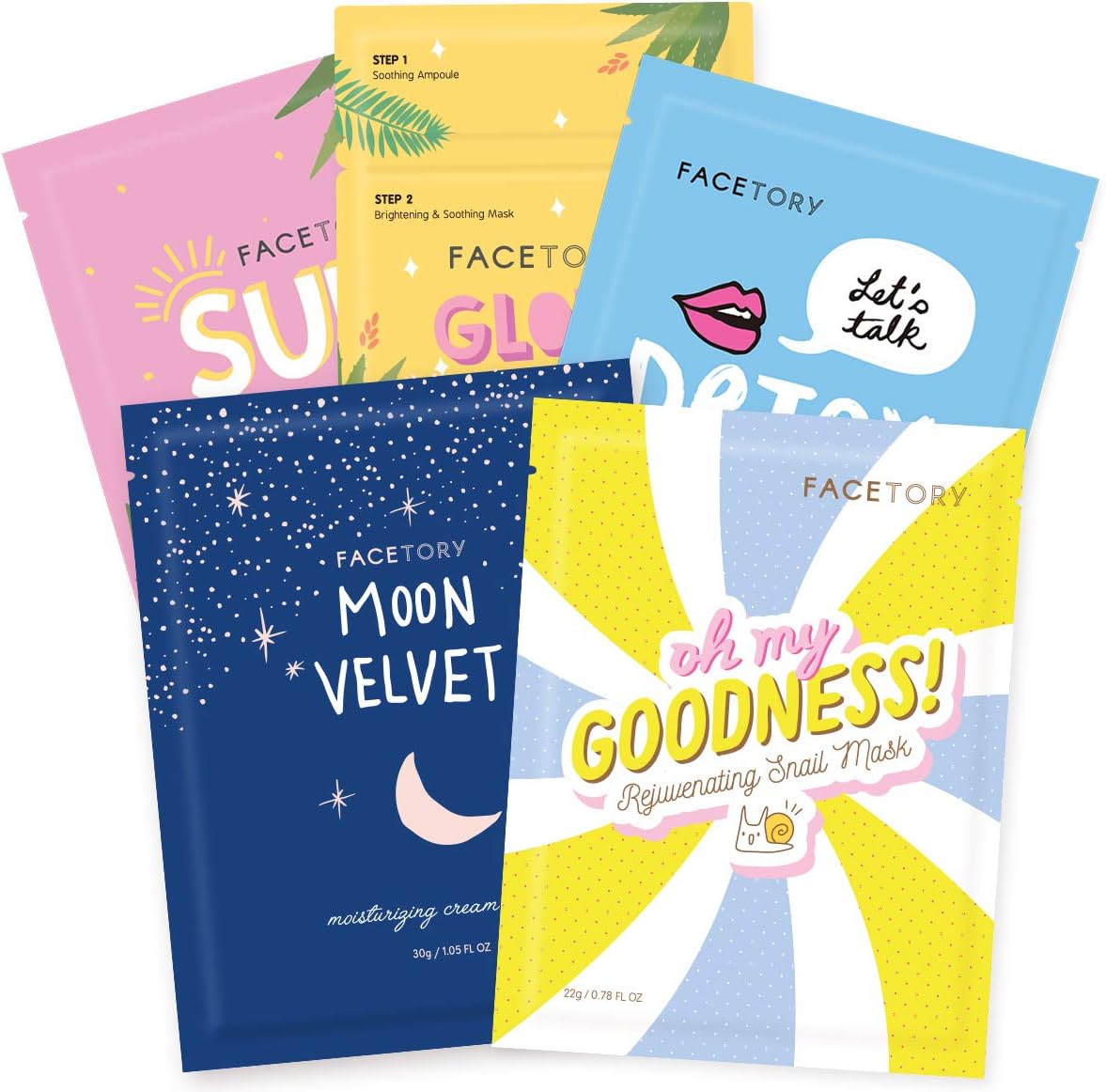 FaceTory Collection Facial Mask Set | For All Skin Types | Hydrating, Purifying, Soothing, Moisturizing, Revitalizing (5 Count)