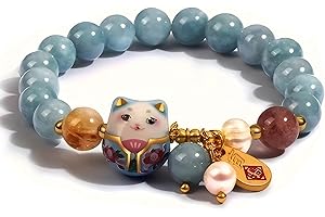 GENERIC Lucky Cat Bracelet with Blue Crystal, Ceramic Cat Pendant, Feng Shui Good Luck Jewelry for Women, Wealth & Protection Bracelet