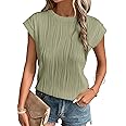 EVALESS Womens Short Sleeve Textured Tops Crewneck Knit Solid Loose Casual Basic T Shirts Tee Blouses