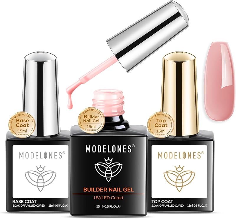 Modelones Pink Brown Builder Gel with Base Top Coat 3Pcs Set