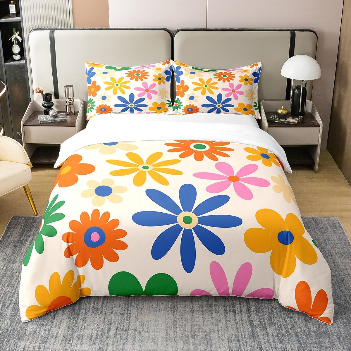 Cotton Retro 60S 70S Floral Bedding Set Double,Vintage Groovy Daisy Flower Duvet Cover for Kids Girls Teens,Bohemian Aesthetic Y2K Style Comforter Cover Bright Colorful Trendy Floral Quilt Cover — image 1