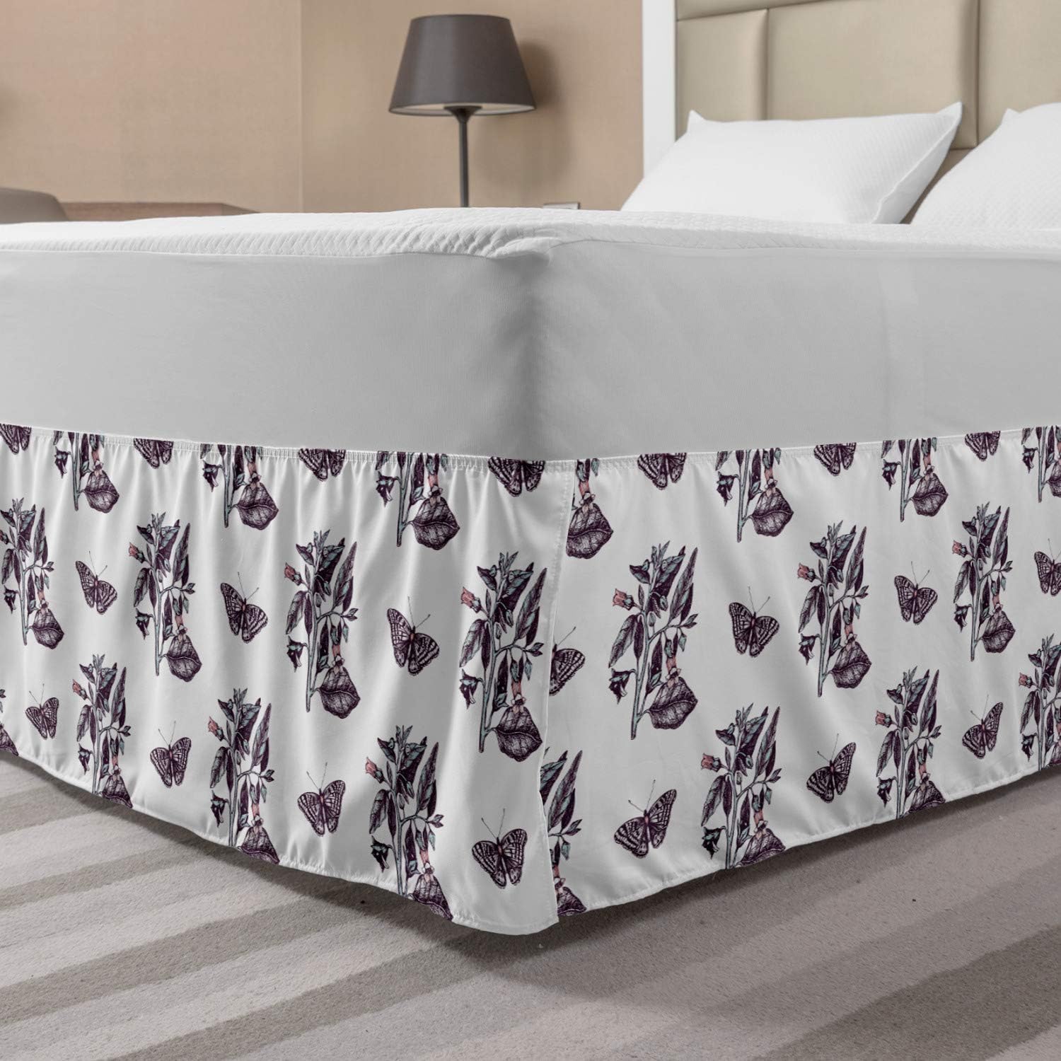 Ambesonne Entomology Bedskirt, Detailed Poligonia Butterflies and Belladonna Flowers, Bedroom Decor Wrap Around Elastic Bed Skirt Gathered Design, King, Eggplant Pale Seafoam
