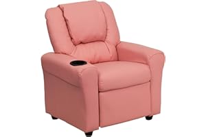 Flash Furniture Vana Vinyl Kids Recliner with Cup Holder, Headrest, and Safety Recline, Contemporary Reclining Chair for Kids, Supports up to 90 lbs., Pink