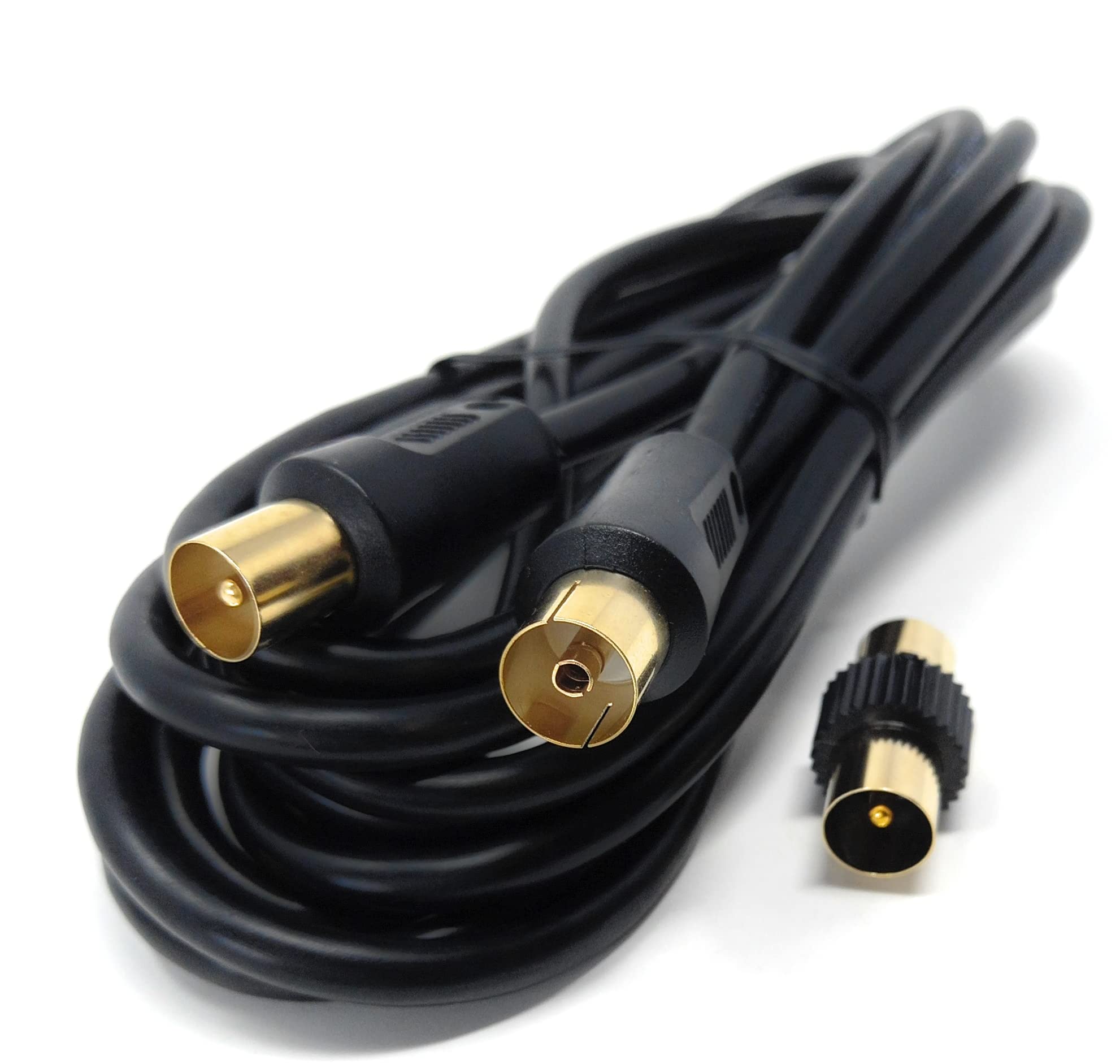 DRUT 3m TV Male to Female Extension Coax Cable, Supplied With a Male to Male Coupler Adapter, Gold Connectors 10ft Black