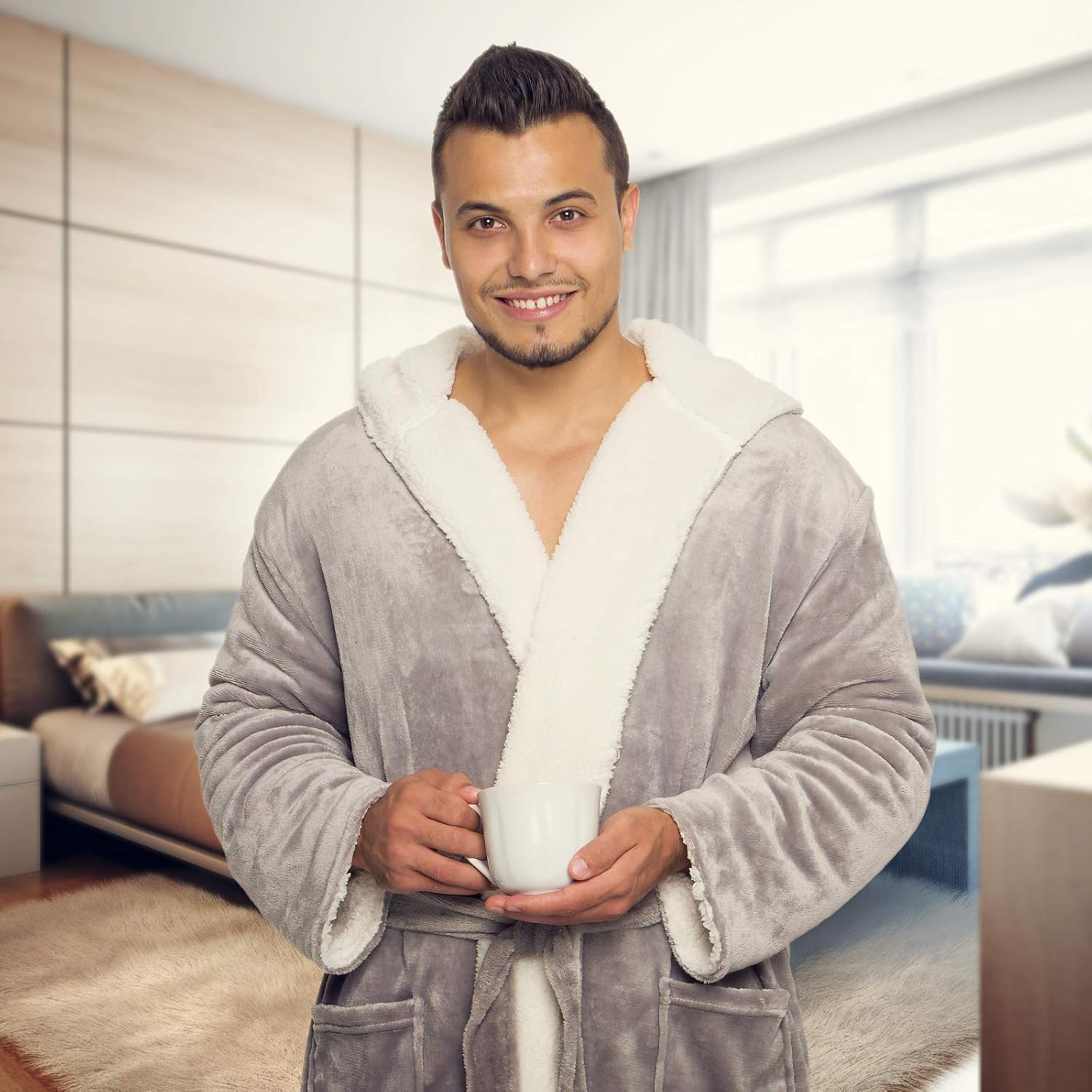 Ross Michaels Mens Sherpa-Lined Hooded Long Bathrobe - Full Length Luxury Plush Big & Tall Robe (Grey, L/XL) at  Men’s Clothing store