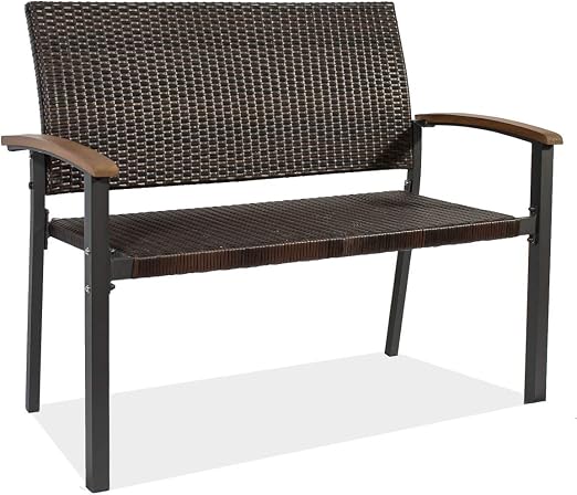 Amazon Com Rattan Patio Bench Durable Loveseat Bench Patio Wicker Rattan Garden Bench Rattan Two Person Chair With Curved Backrest And Armrest Ideal For Indoor Patio Porch Or Balcony Kitchen Dining