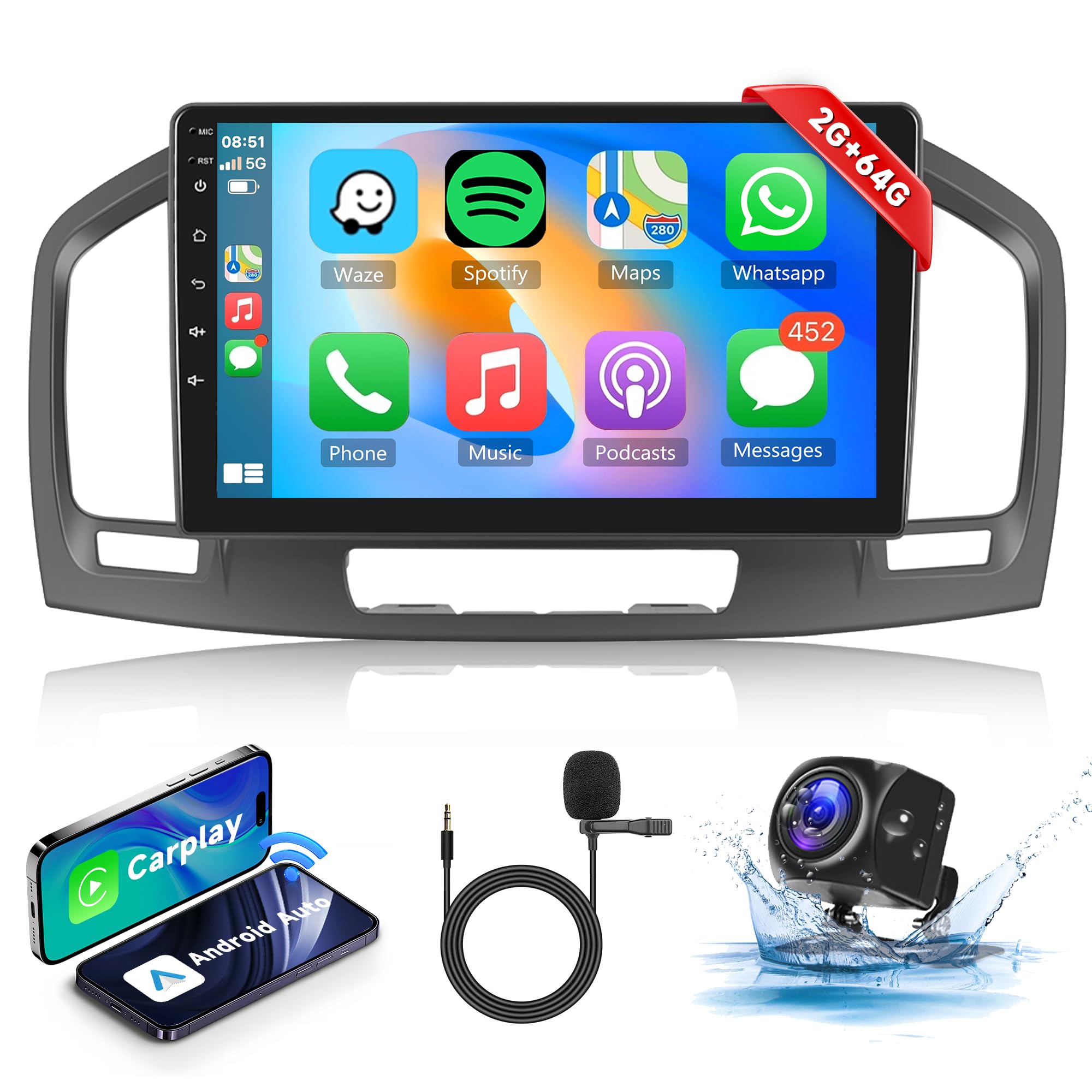 2G 64G Android Car Stereo Radio for Buick Regal 2009-2013/Vauxhall Insignia 2008-2013 CarPlay, Rimoody 9 Inch Touch Screen Android Auto Mirror Link Bluetooth FM/RDS GPS WiFi SWC Backup Camera