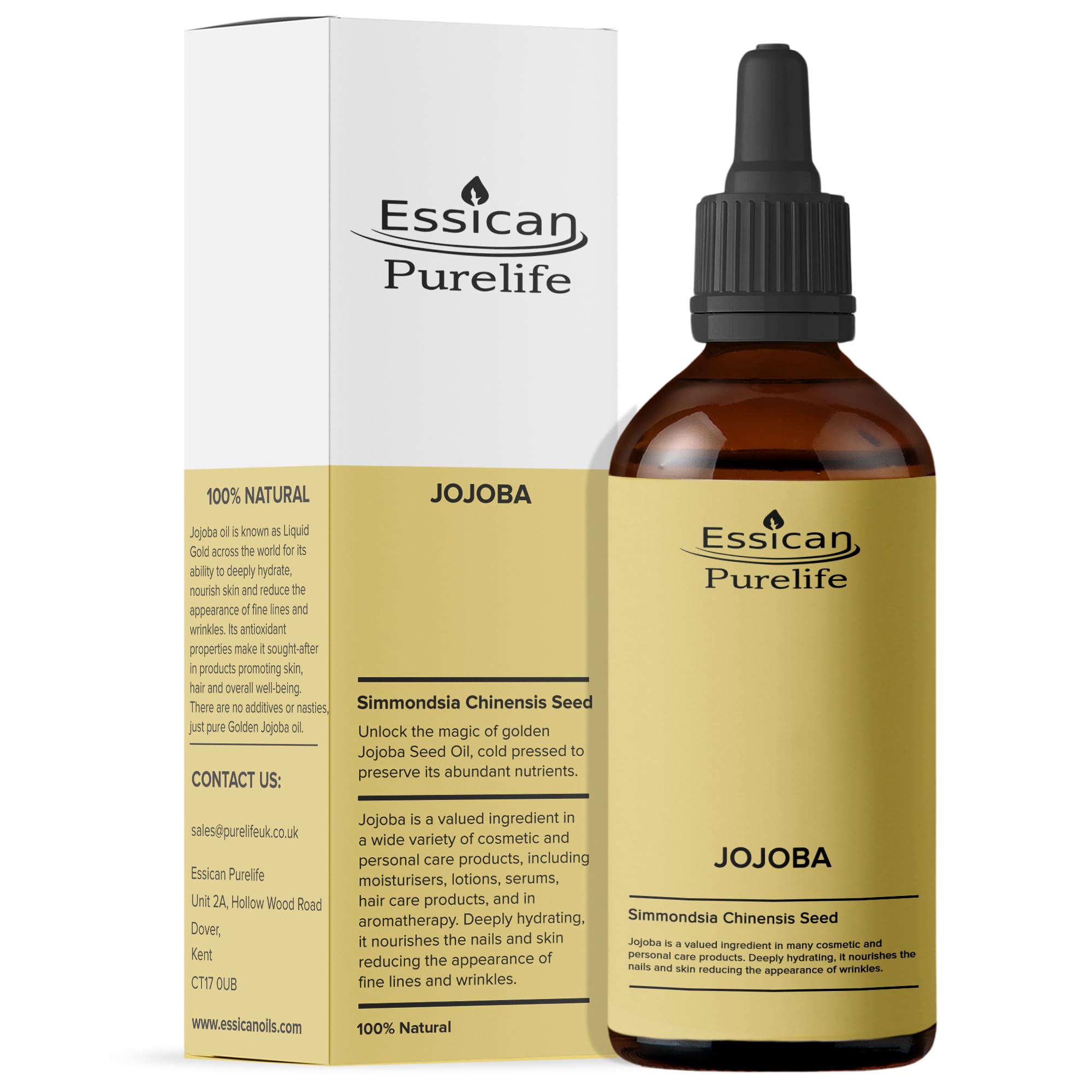 Essican Purelife Pure Jojoba Oil for Skin 100ml, Cold Pressed Jojoba Oil for Hair Growth, Nails, Stretch Marks, Makeup Remover & Face Moisturiser, Natural Carrier Oils for Essential Oils Mixing