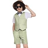 Szzmmer Boys Linen Suit Summer 3 Pieces Slim Fit Kids Suits Beach Wedding Outfit Vest Shorts Shirt Set and Bow Tie