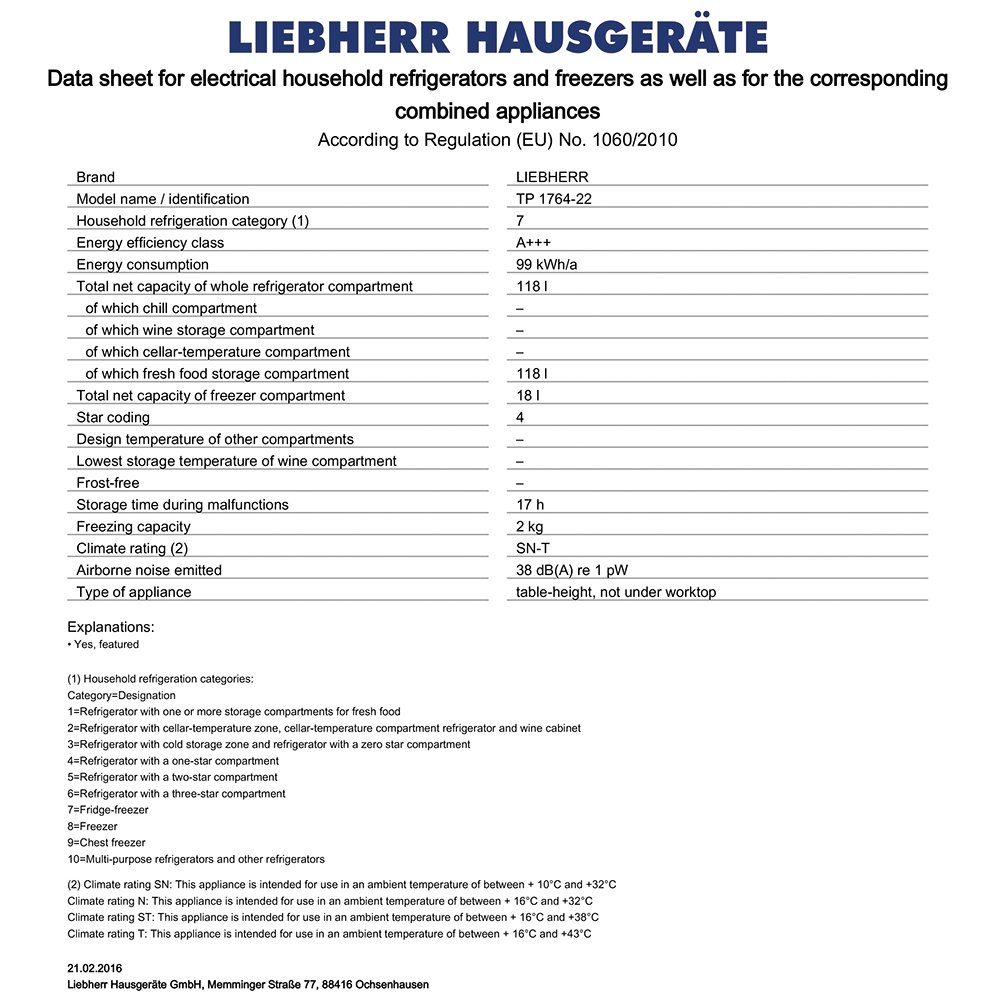 Liebherr TP 1764-22 Premium Independiente 137L A+++ Blanco ...