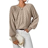 BEAUDRM Women's Chunky Cable Knit Sweater Casual Crew Neck Pullover Sweater Long Sleeve Drop Shoulder Jumper Tops