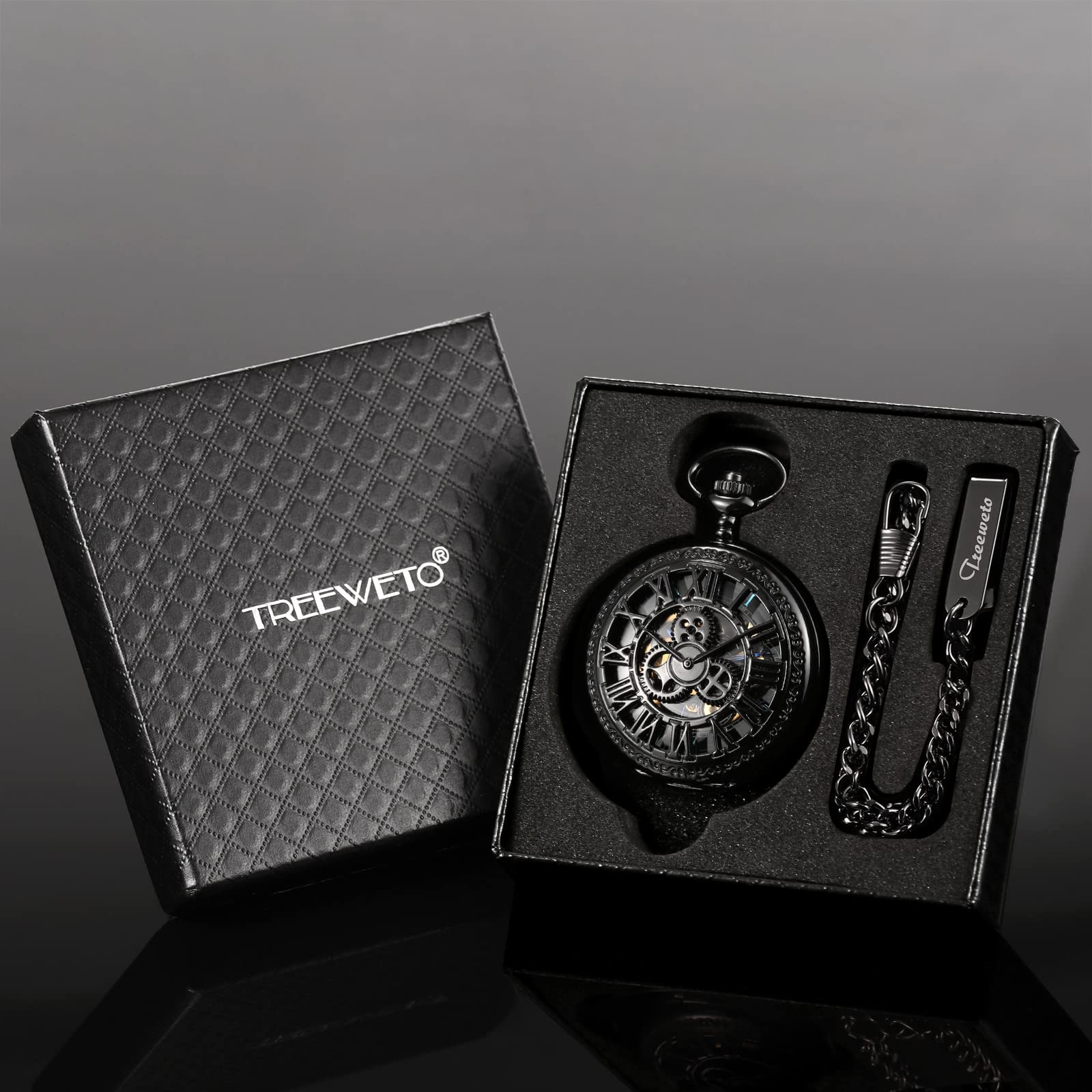 TREEWETO Pocket Watch Skeleton Hand-Wind Mechanical Double Case Roman Numerals Antique with Fob Chain Box