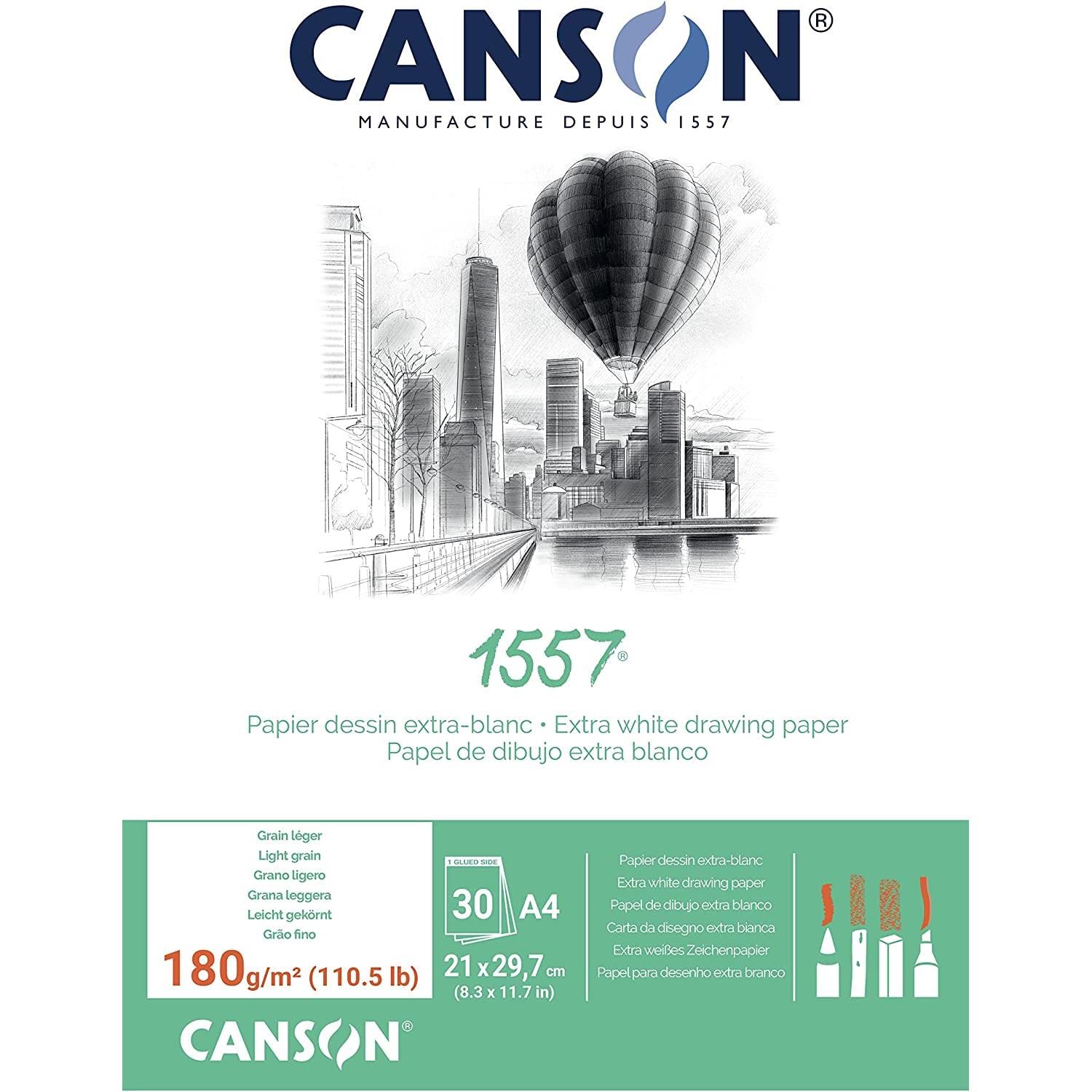 CANSON 1557 180gsm A4 White Drawing Paper Pad, Light Grain, Glued Short Side, 30 Extra White Sheets, For Professional Artists & Students