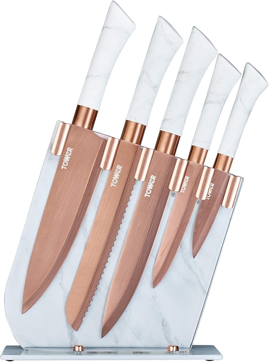 Tower Kitchen Knife Set with Acrylic Knife Block, Stainless Steel with Soft Touch Handles, White Marble and Rose Gold, 5 Piece