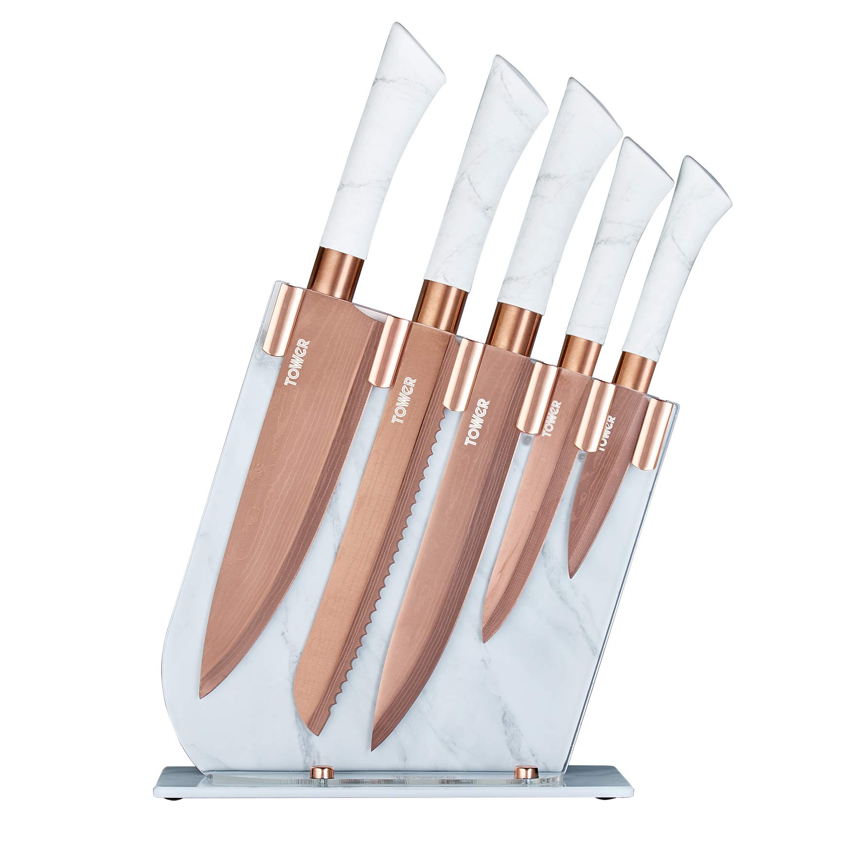 Tower T81534WR Kitchen Knife Set with Acrylic Knife Block, Stainless Steel with Soft Touch Handles, White Marble and Rose Gold, 5 Piece โ image 1