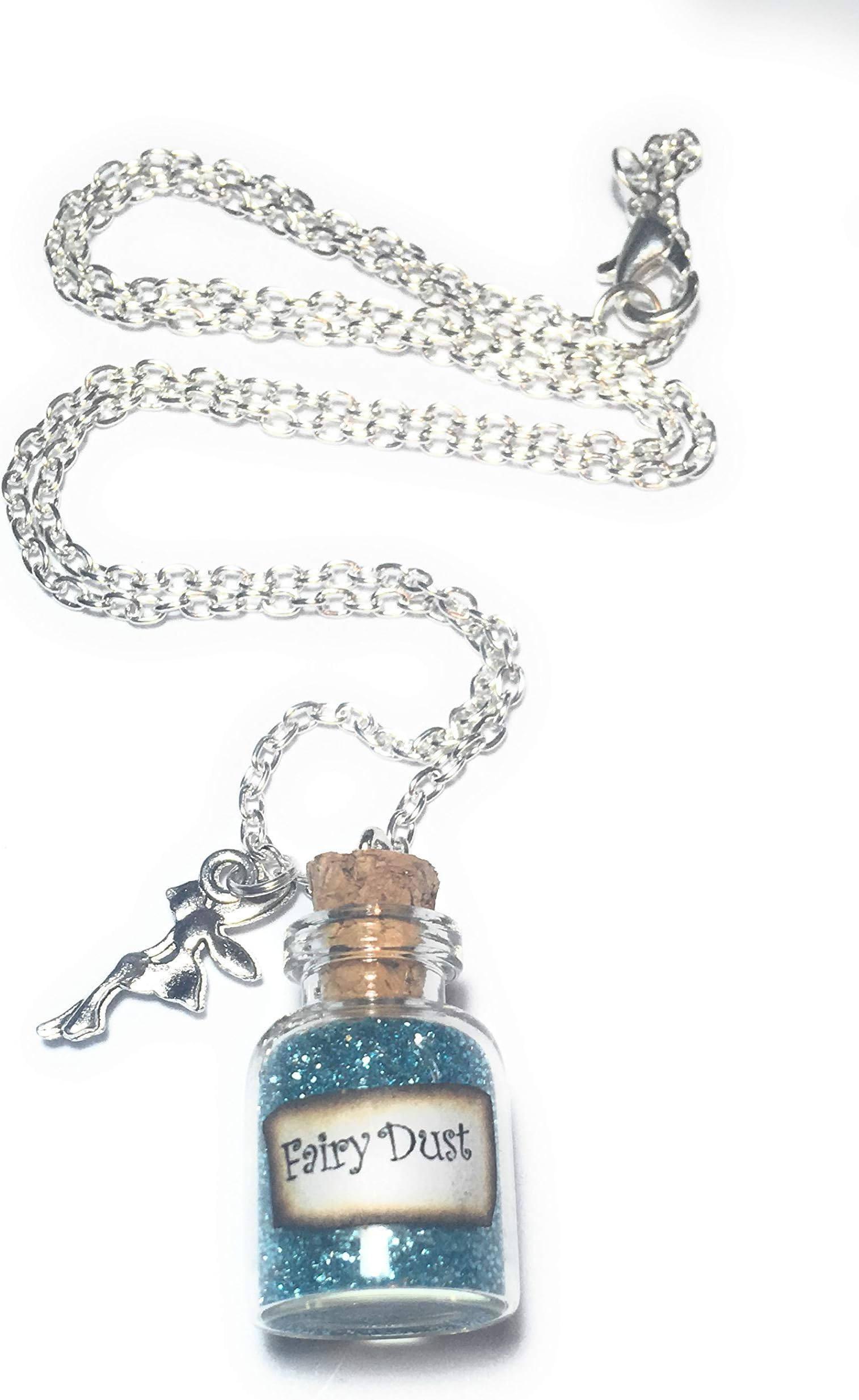 FizzyButton Gifts Fairy Dust Necklace with Glass Bottle and Fairy Charms, Hung on a Silver Plated Necklace in Gift Box
