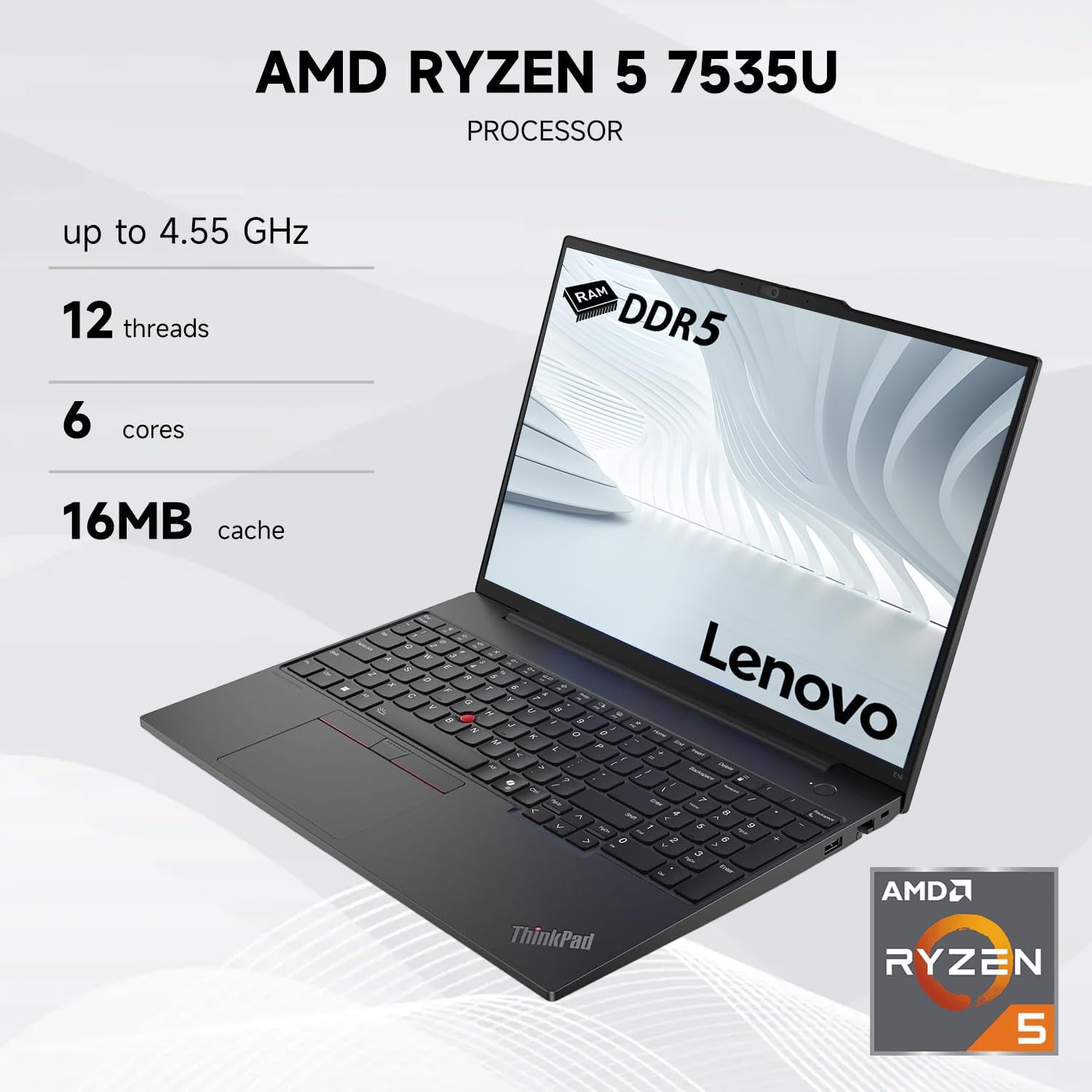 Laptop empresarial Lenovo ThinkPad E16, pantalla táctil antirreflejos FHD+ de 16", AMD Ryzen 5 7535U, 32 GB DDR5, 1 TB SSD, Wi-Fi 6E, huella digital, retroiluminación, cámara web, Windows 11 Pro, paquete con concentrador USB-C 7 en 1