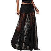 MakeMeChic Women's Lace Sheer Maxi Skirts Floral Polka Dots A Line Ruffle Boho Goth Long Skirts