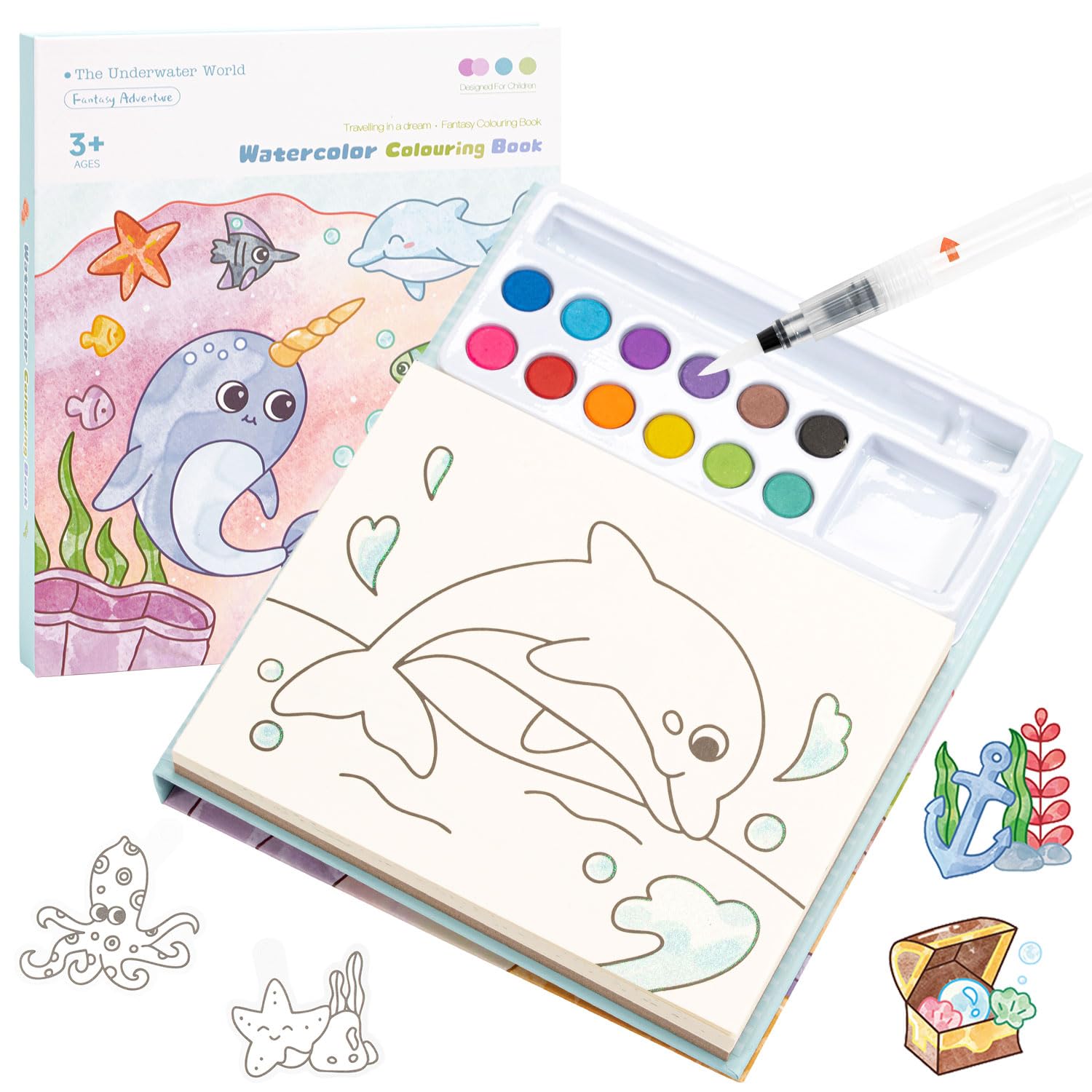 Vinuwu Water Colouring Book for Kids, Water Magic Painting Books Mess Free Colouring for Arts Crafts Drawing Activity Watercolour Paint Set Birthday Gift for Girls Boys Ages 3 4 5 6 7 8 (Undersea)