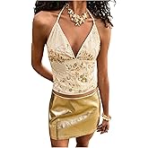 SHENHE Women's Sequin Halter Top Open Back Tie Strapless V Neck Shiny Clubwear Rave Crop Tops