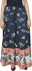 Mogul Interior Women's Blue Maxi Skirt Floral Printed Flare Cotton A-line Gypsy Boho Hippie Long Skirt L