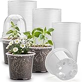 RooTrimmer 60 Pack Clear Nursery Pots with Humidity Domes, 4 Inch Plastic Plant Pots with Drainage Holes for Seedlings, Transparent Seed Starting Pot for Cuttings Propagation Indoor Gardening