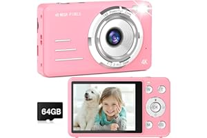 LIIUU Digital Camera, Kids Camera with 64GB Card, 1080P FHD Compact Small Point and Shoot Camera, 16x Zoom, Autofocus, Built-in Flash, Anti-Shake, Gift for Children Teen Beginner Girl, Pink