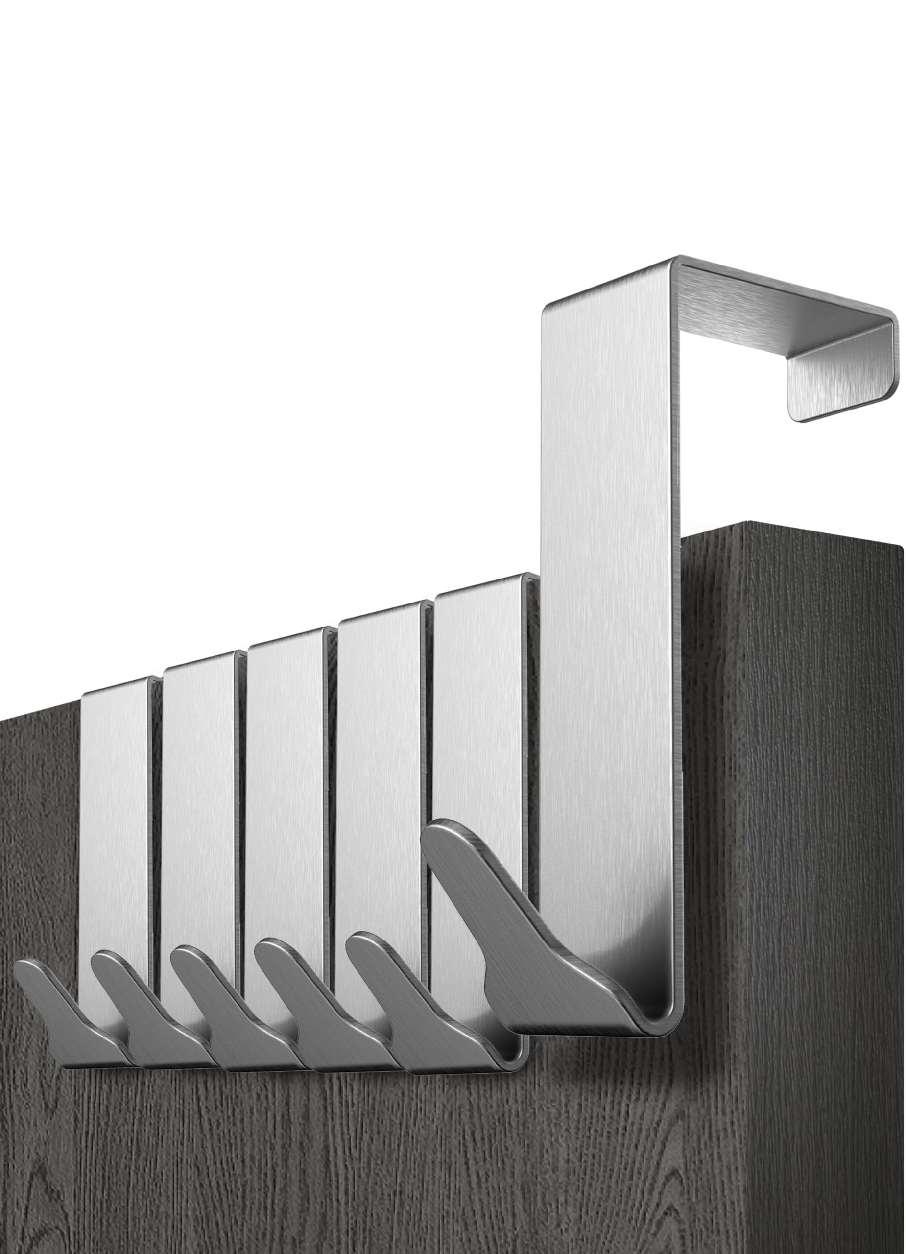 Menz Over Door Hook 6 Pack Silver, Stable Overdoor Hanger. Rust-Free Door Hangers for Clothes, 4.6cm Fit. 15kg Coat Hanger, Stainless Steel with EVA Pads, Prevents Scratches