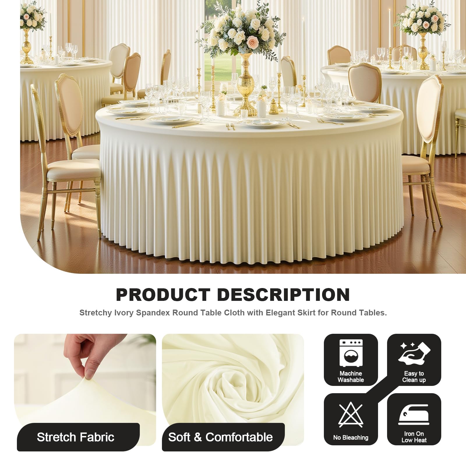 Condition photo showing As Is for gewonelife 8 pack ivory spandex round tablecloths for 72inch table, wrinkle-free stretchy fitted 6ft