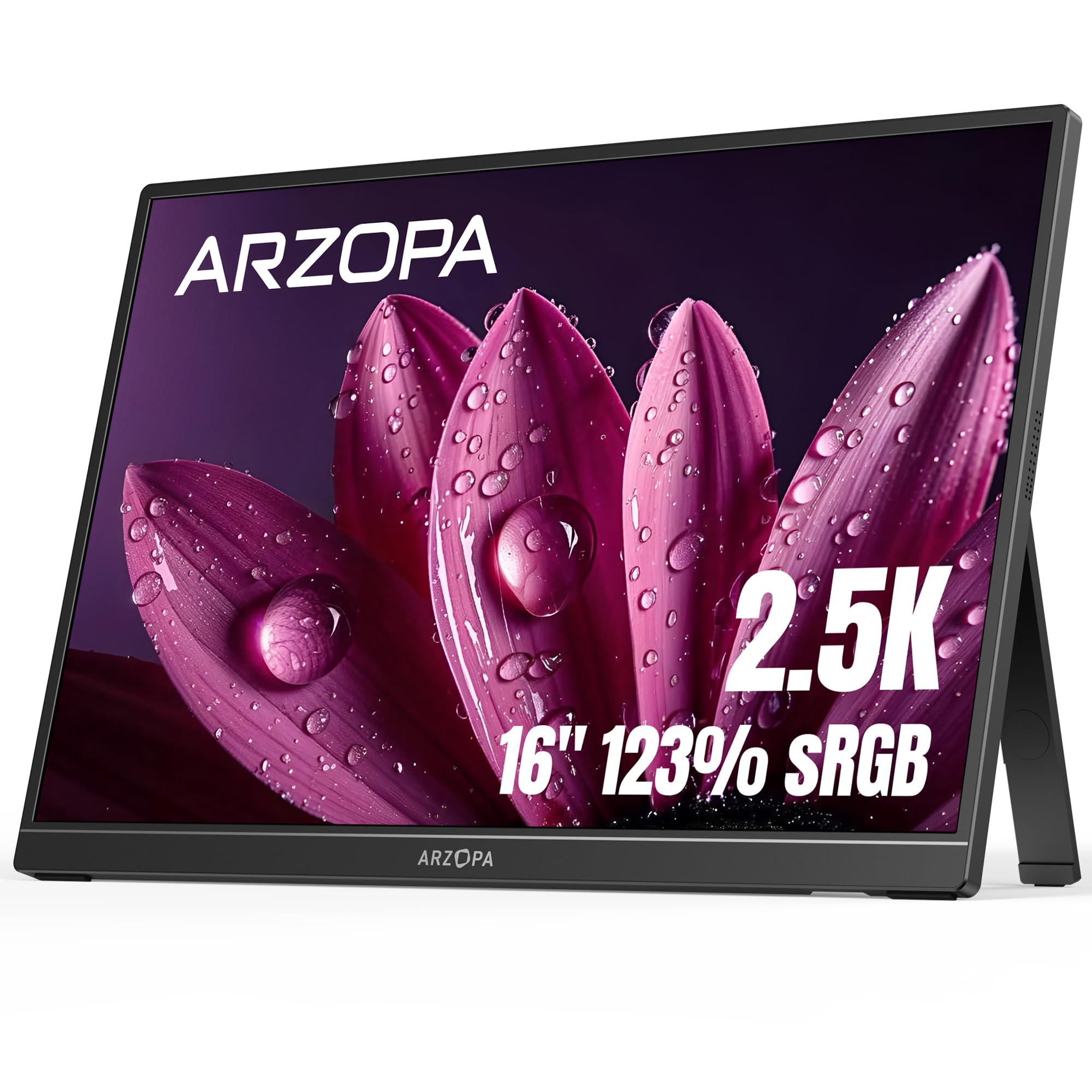 ARZOPA 16" 2.5K Portable Monitor, 2560x1600 QHD IPS Display 123% sRGB | Built-in Stand USB-C HDMI Eye Care External Second Sc
