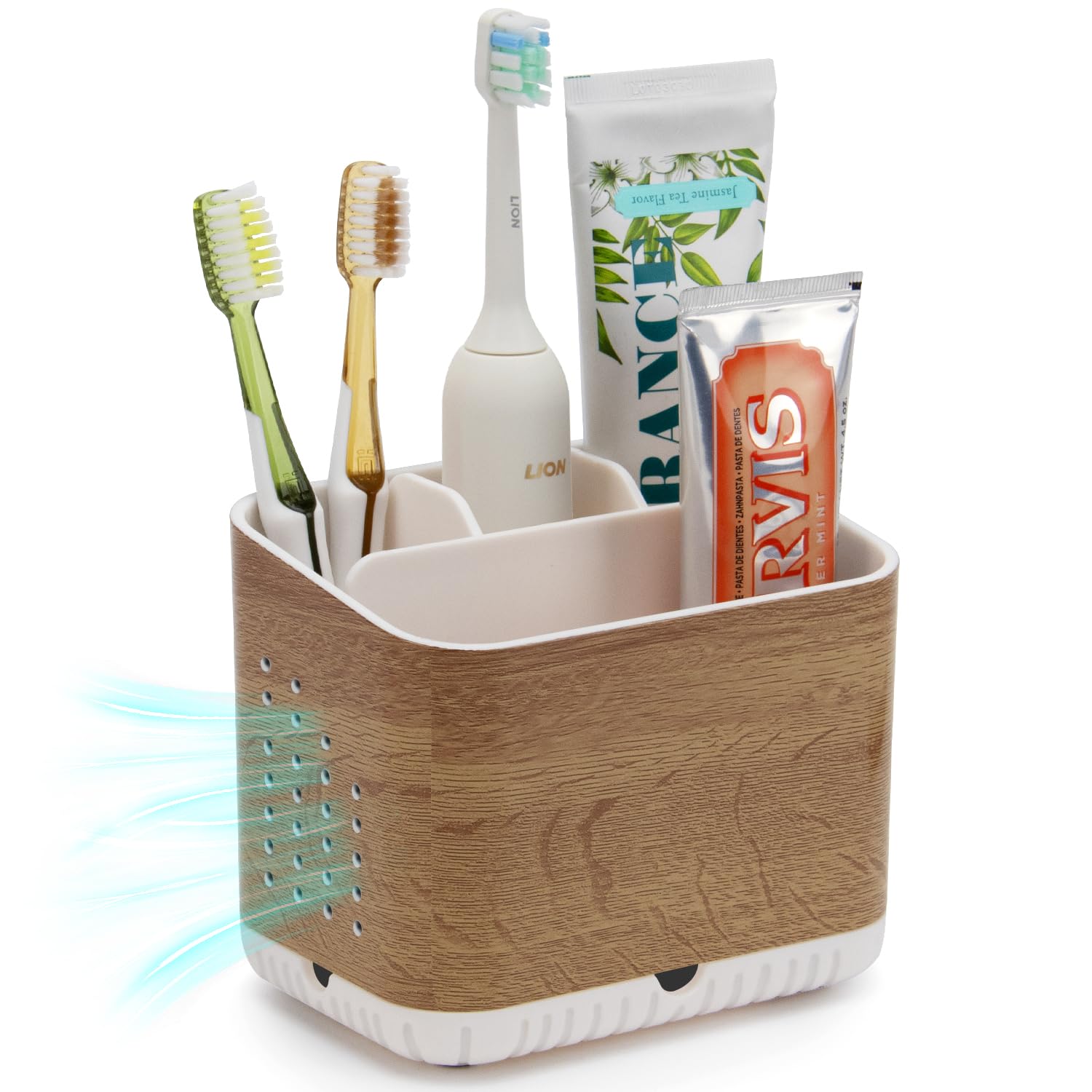 toprance Electric Toothbrush Holder Wood Grain Toothbrush And Toothpaste Holder With 4 Compartments And Drainage Holes, Easy To Clean Tooth Brush Holder For Bathroom Countertop Organized