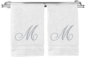 BC BARE COTTON Monogrammed Hand Towel, Personalized Gift, 16 x 30 Inches - Set of 2 - Silver Embroidered Towel - Extra Absorbent 100% Turkish Cotton- Soft Terry Finish - For Bathroom, Kitchen and Spa- Script M White