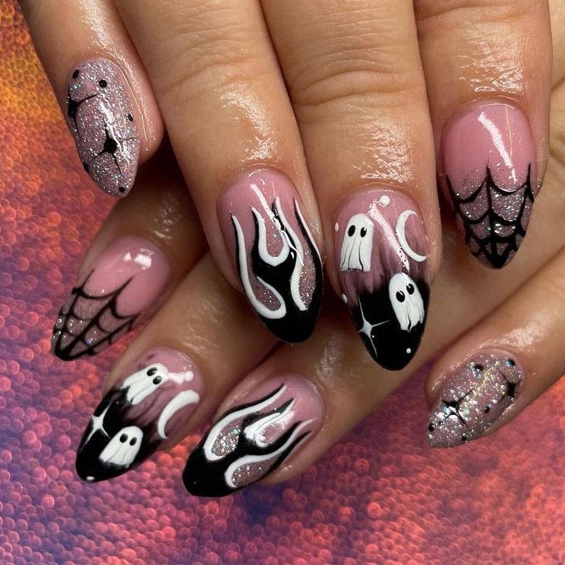 Danshinbow 24PCS Halloween Press on Nails Almond Fake Nails Black Pink Pumpkin Ghost Spider Web Design Cute Cosplay False Nails Glossy And Full Cover Acrylic Nails for Women (Pink C, One size)