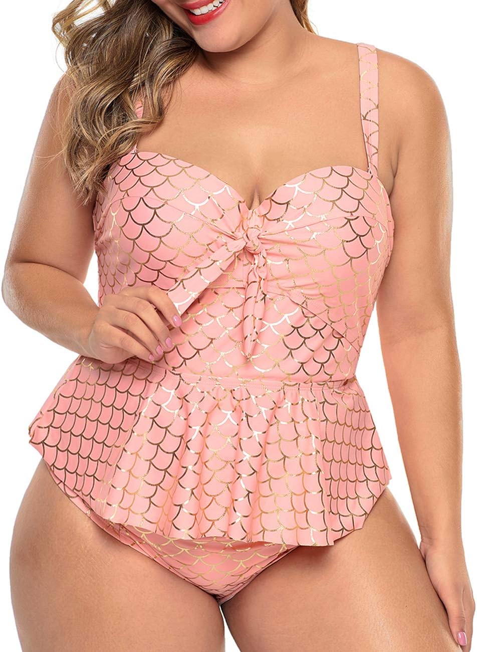 Womens Plus Size Halter Neck Peplum Tankini Two Piece Bathing Suit Swimwear Swimsuit(M-XXXL)