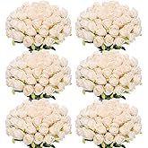 Jexine 50 Pcs Artificial Rose Flower Bulk Realistic Silk Fake Roses with Long Stem Plastic Artificial Flower Bouquet Real Looking for Home Wedding Centerpieces Party Decoration(Beige Champagne)