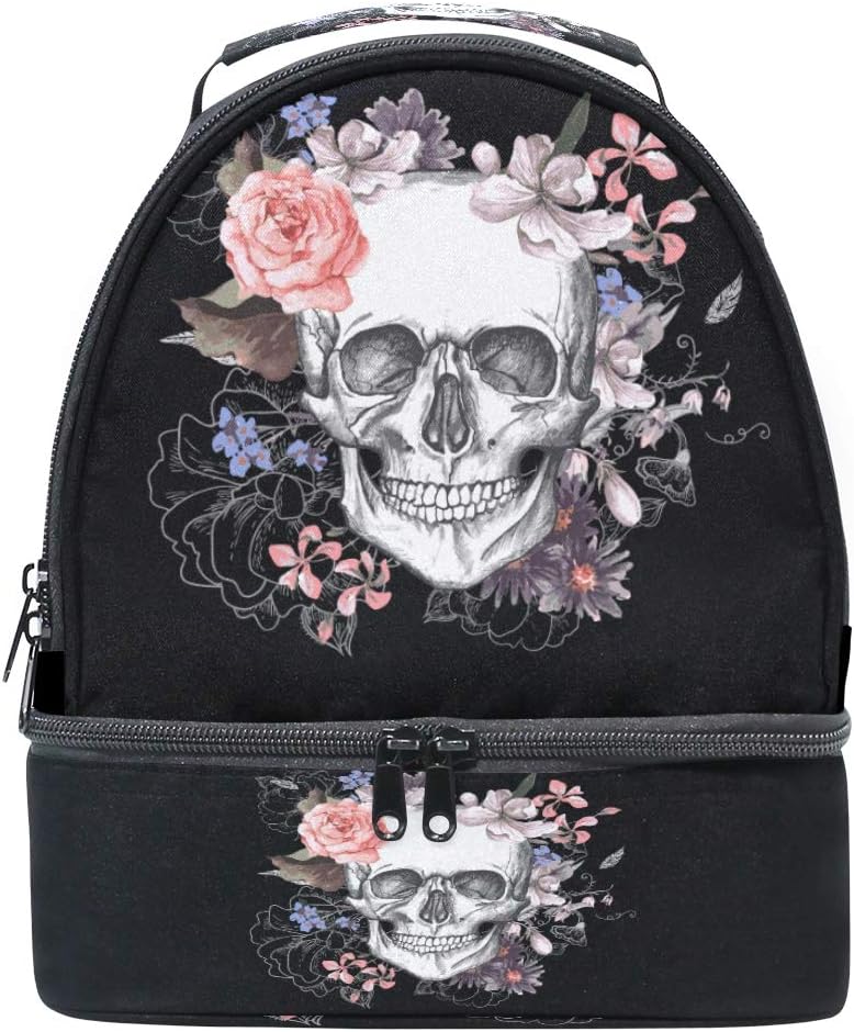 Sugar Skull Flower Insulated Lunch Handbag Box for Women Men Mexican Skulls Day of The Dead Thermal Lunch Food Tote Kit BlackFloral Cooler Bag Black Snacks Organizer Travel Work School Picnic Beach