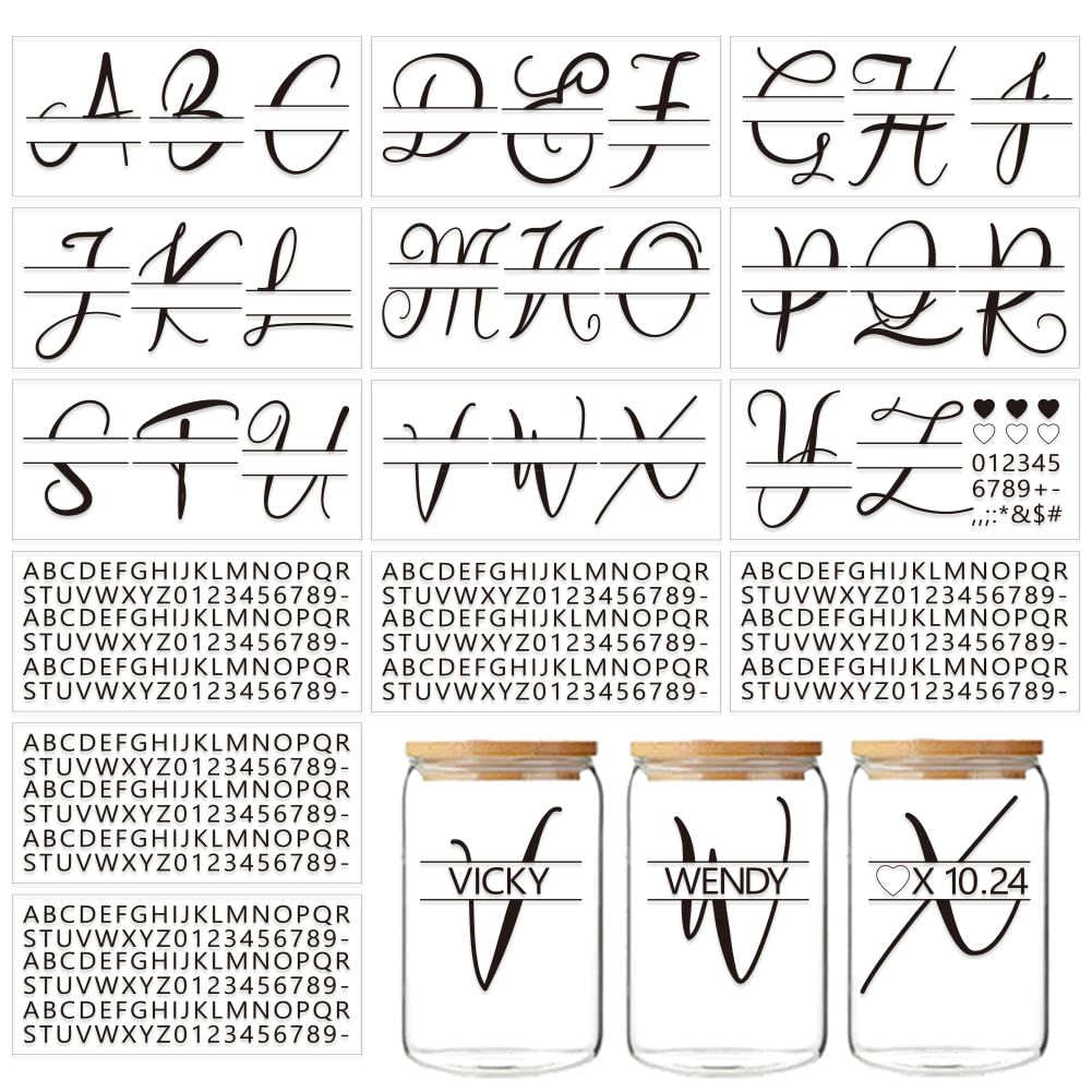 GOMAKERER 14 Sheets UV DTF Cup Wraps Sticker, Letter A~Z UV DTF Cup Wrap for 16OZ Glass Black Letter Stickers Alphabet Transfer Stickers on UV DTF Transfer Decals for DIY Glass Cups Wood Crafts