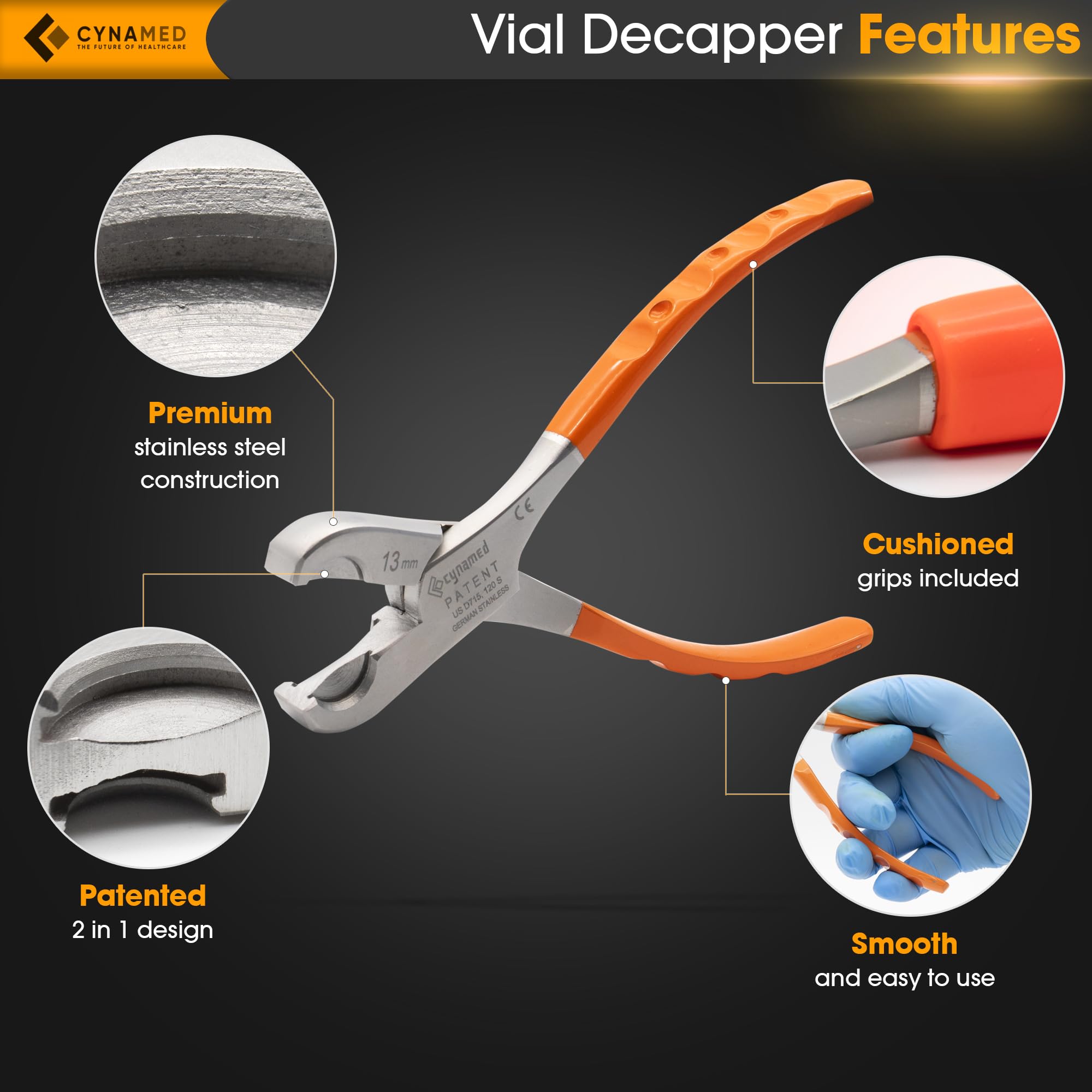 Cynamed Twin Action Decapper Pliers - Perfect for Decapping 13mm and 20mm Crimped Vials and Bottles