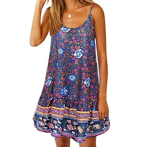 Evansamp????Sommer Frauen Floral Swing Strand Kurzes Kleid Böhmischen Gedruckt Ethnischen Stil Ethnischen Rock