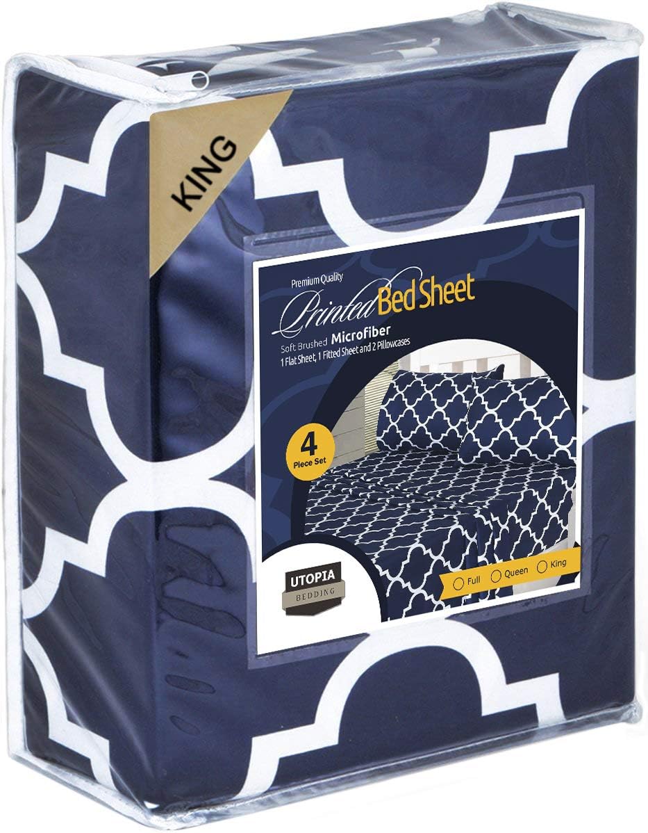 Utopia Bedding Printed Bed Sheet Set - 1 Fitted Sheet, 1 Flat Sheet and 2 Pillowcases - Soft Brushed Microfiber Fabric - Shrinkage and Fade Resistant (King, Navy Quatrefoil with White Pattern): Home & Kitchen