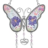 USTINIAN Butterfly Suncatcher with Pressed Flower Wings, Butterfly-Shaped Glass Wind Chimes with Real Flowers, Grandma Heart Charm Wind Chime Gifts for Grandma Mother's Day
