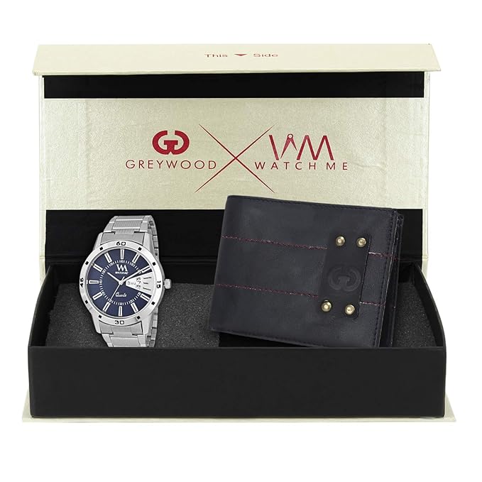 Watch Me X Greywood Mens Blue Leather Wallet & Day Date Analog Watch Combo Gift Set WMGW-012-DDWM-008p2
