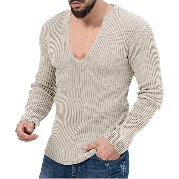 Mens Deep V Neck Sweater Lightweight Sexy Casual Long Sleeve
