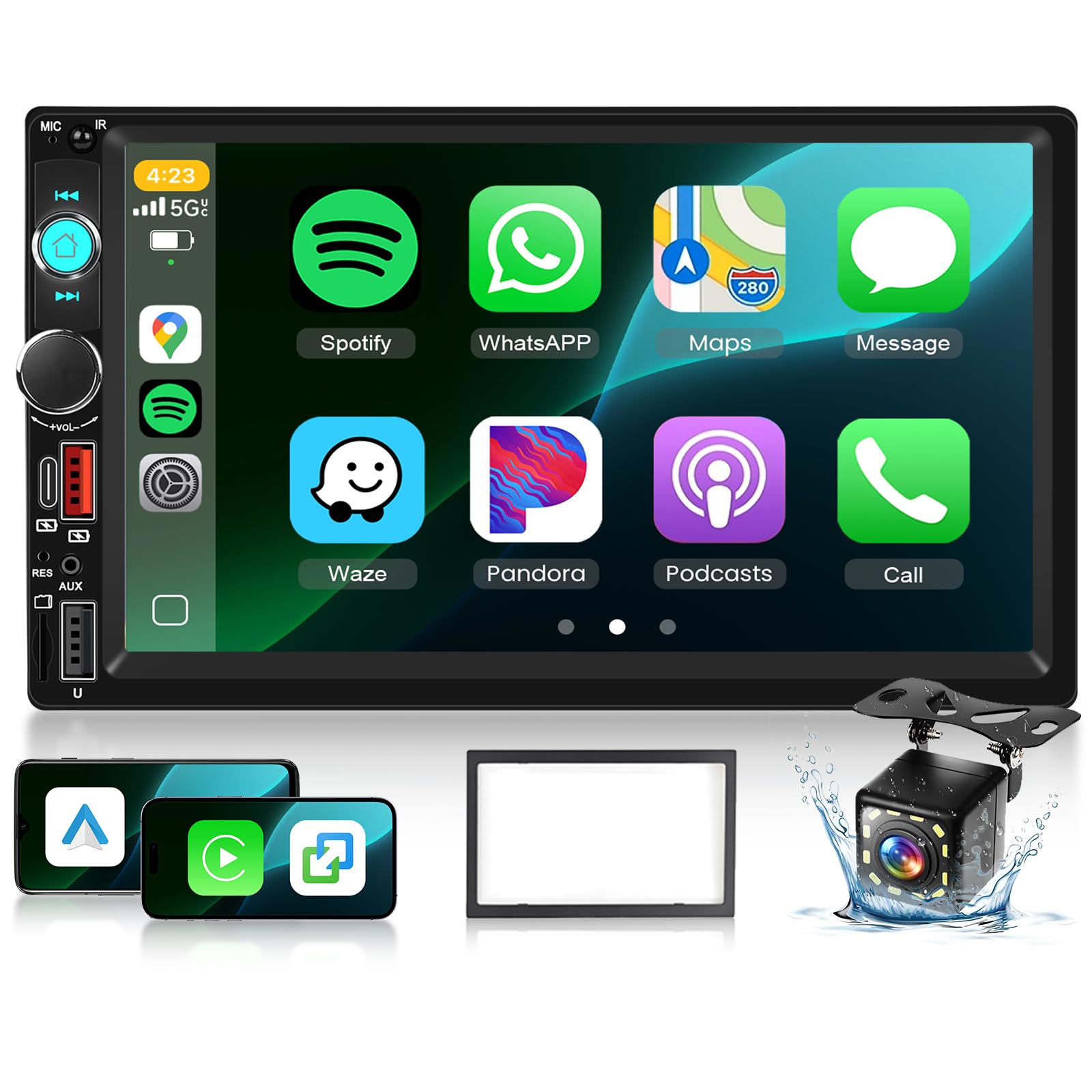 Photo 1 of Double Din Car Stereo with Apple CarPlay Wireless Android Auto, 7-Inch IPS Touch Screen Radio, Bluetooth 5.2, FM Radio,Head Unit with Online Video EQ USB/Type-C/TF Card/Aux Ports Backup Camera+Frame