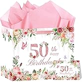 HSKMAKE Pink 50th Birthday Gift Bag, Large Happy 50th Birthday Gift Bag with Tissue Paper and Card for Women, 50 Year Old Bday Party Decorations Supplies
