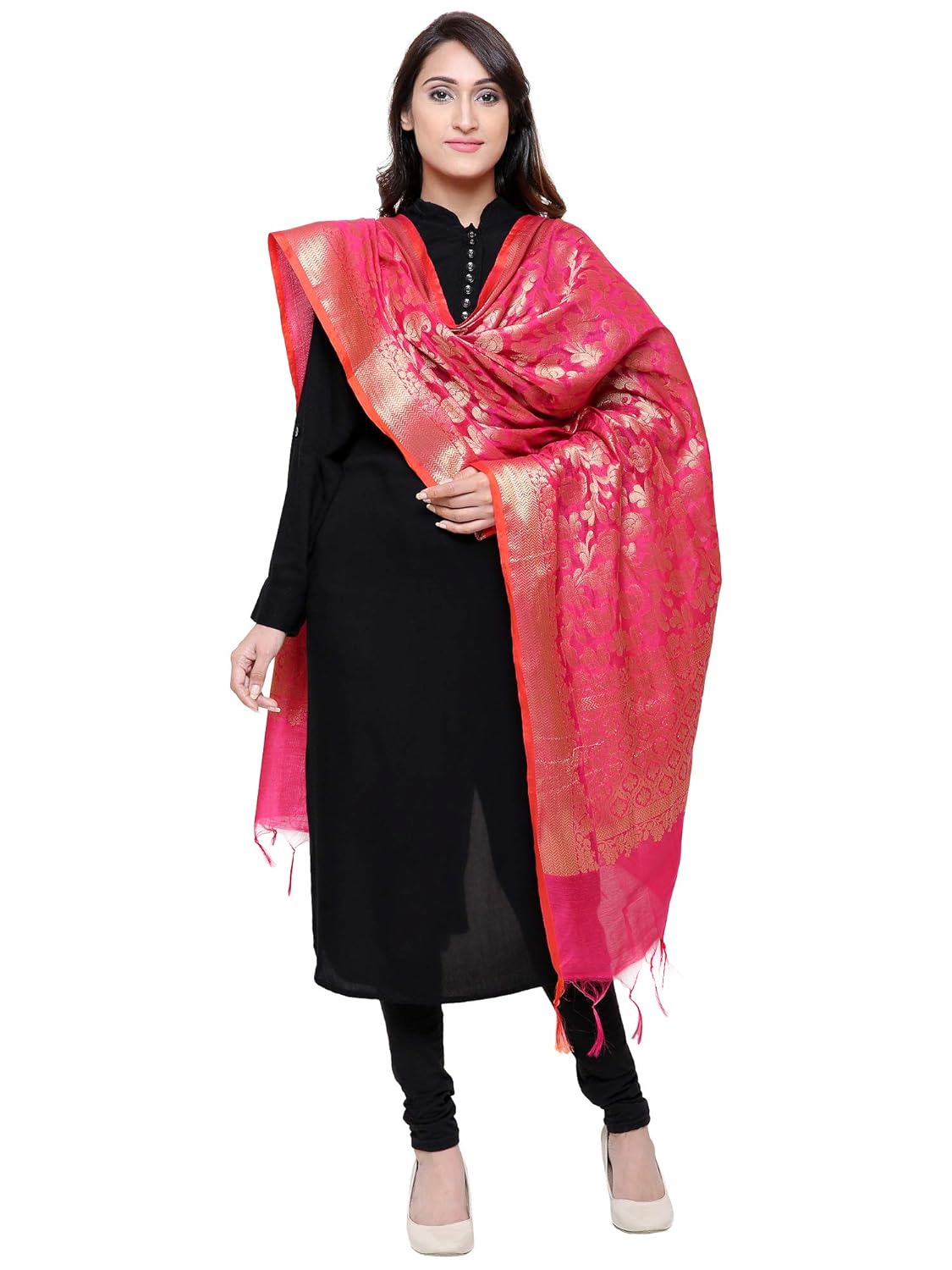 loom legacy women's silk cotton banarsi jacard dupatta (lh-673_magenta_90x250 cms)