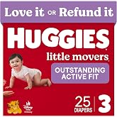 Huggies Little Movers Diapers Size 3, 25 Count | Double Grip Strips, Blowout Protection, Secure Flexible Fit, Up to 12-Hour Protection, Dry Touch Liner, Wetness Indicator