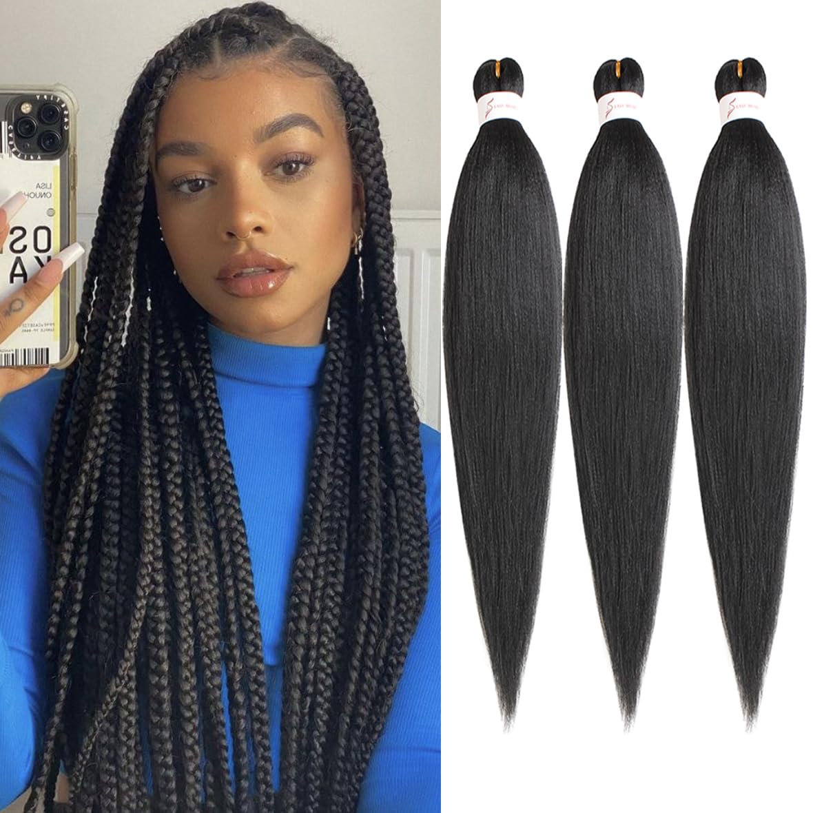 Kachanaa 30 Inch Pre Stretched Braiding Hair 3 Packs EZ Braids Yaki Hot Water Setting Kanekalon Hair for Braiding Yaki Texture Pre Stretched Braiding Hair Extensions 1B#