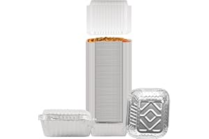 PARTY BARGAINS 1 Lb. Small Aluminum Pan with Lids - 100 Pack Set with Plastic Dome Lids, 5.5" x 4.5" Disposable Take-Out Pans for Meal Prep, Pies, Cakes, Meats (Max 240°C)