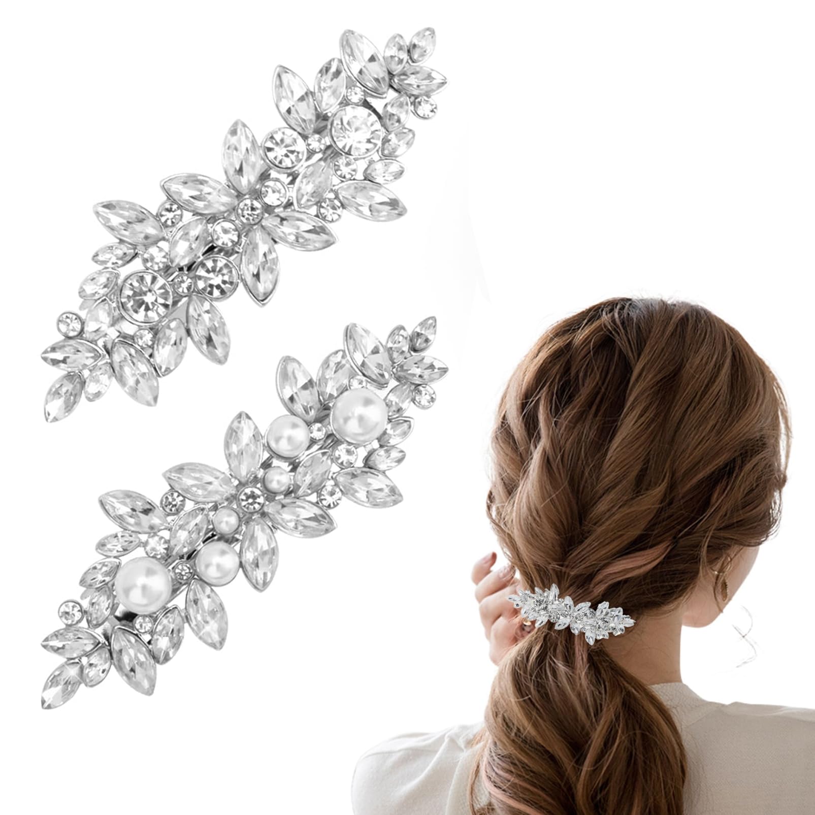 MEITREND Crystal Barrette 2Pcs Pearl Hair Clips Rhinestone Bride Wedding Hair Accessories Elegant Jewelry Hair Decorations For Women Bridal Wedding Party Gift